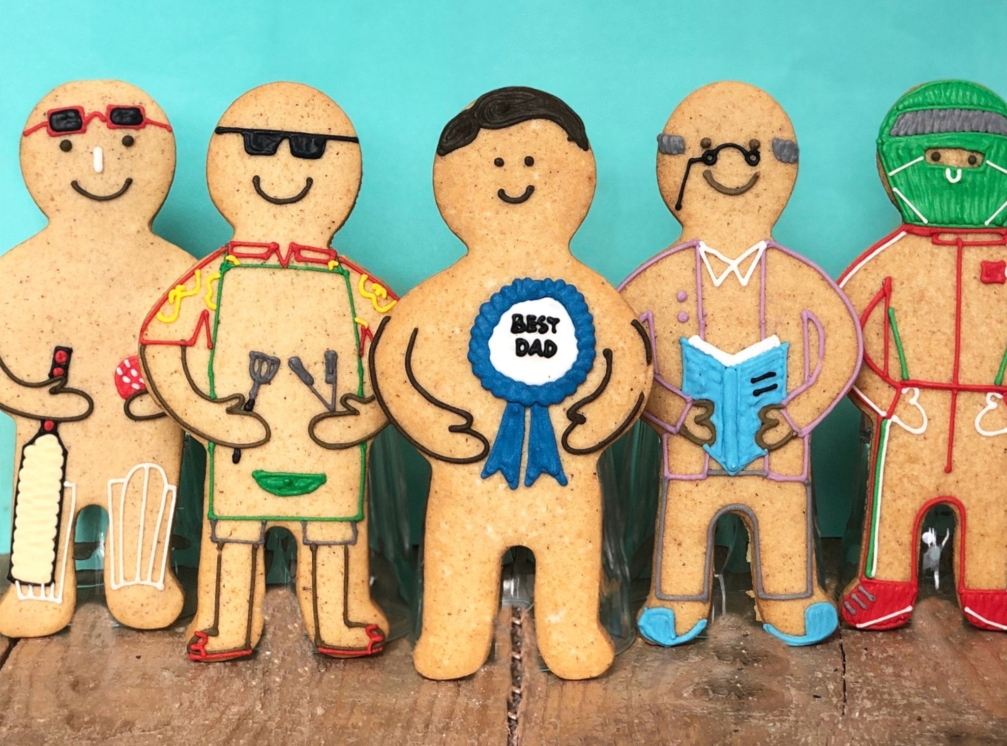 Father's Day Jolly Gingers: Hand-iced gingerbread biscuits by Biscuiteers, perfect personalised gift for celebrating dads.