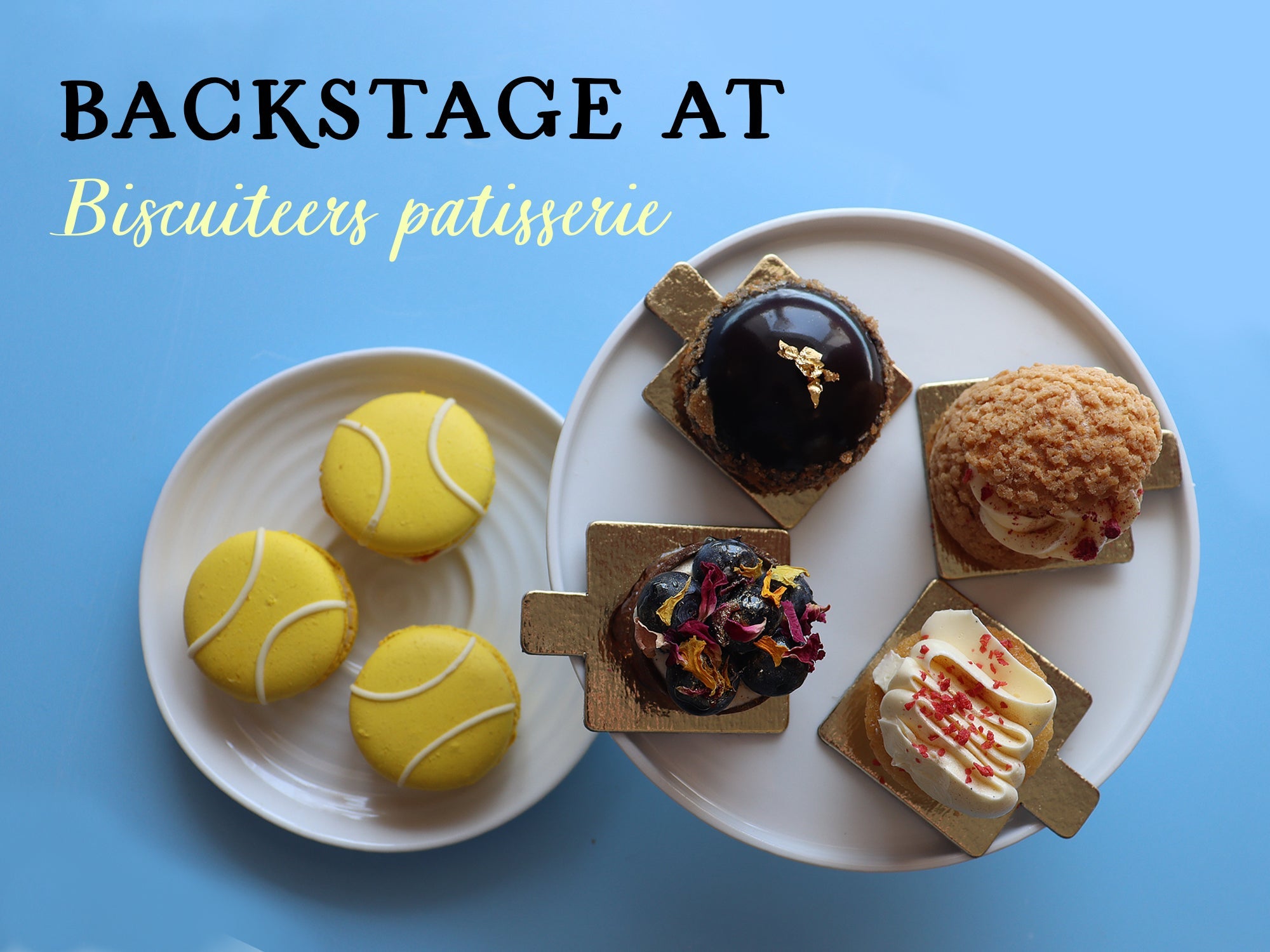 Biscuiteers Wimbledon patisserie: Strawberry & Basil Macaron, Blueberry Tart, Chocolate Mousse, Strawberry Cake.
