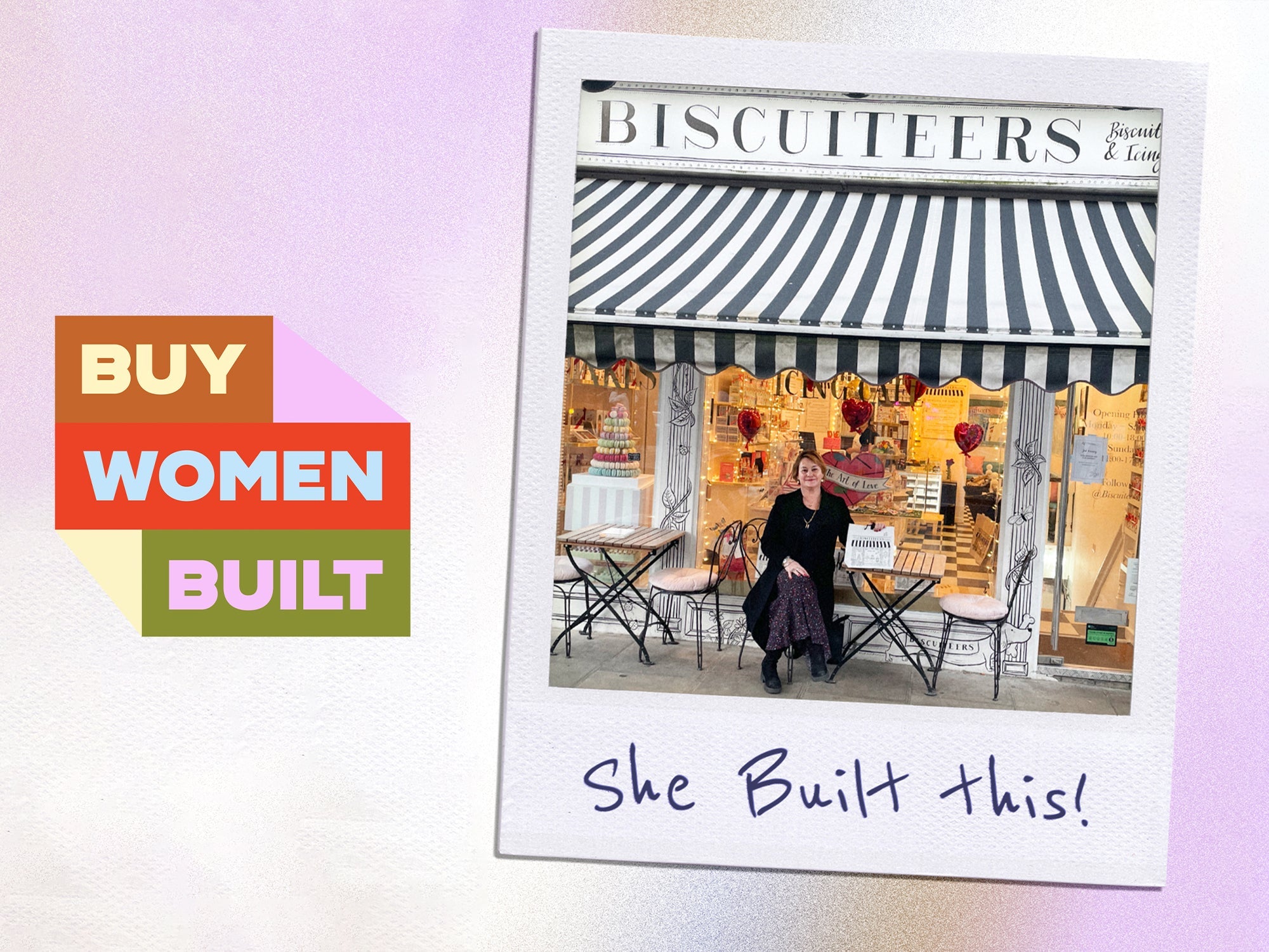 Biscuiteers founder Harriet Hastings with gift boxes, promoting Buy Women Built, a female-led business initiative.