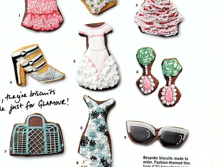 Biscuiteers bespoke biscuits inspired by Spring-Summer 2012 fashion shows for Glamour Magazine, featuring top designer looks.