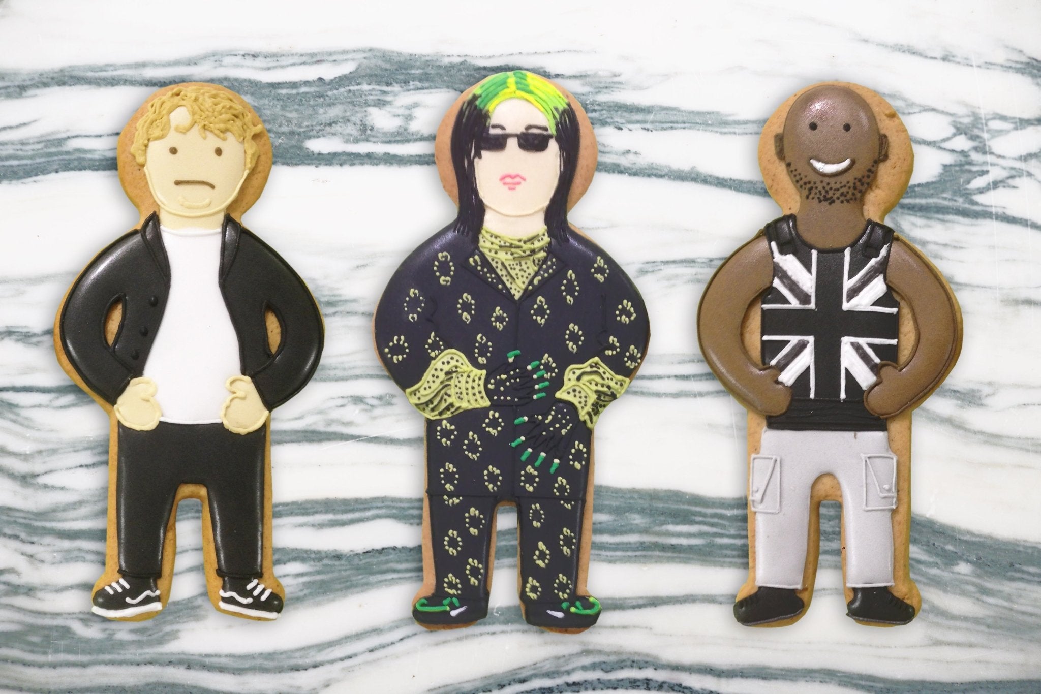 Biscuiteers Brits red carpet biscuits featuring Stormzy, Ed Sheeran, and Billie Eilish for unique personalized gifts.
