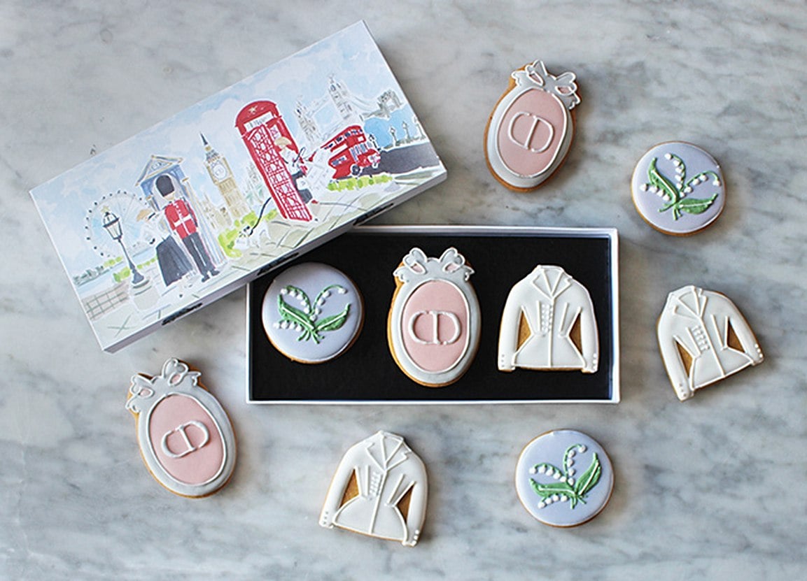 Christian Dior bespoke biscuits by Biscuiteers for Cruise 2017, featuring Lily of the Valley, Bar jacket, and Dior monogram.