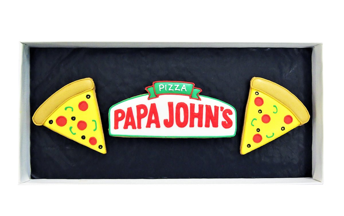 Papa John's bespoke branded biscuits in vibrant colors, promoting workplace wellness, designed by Biscuiteers for employee gifts.