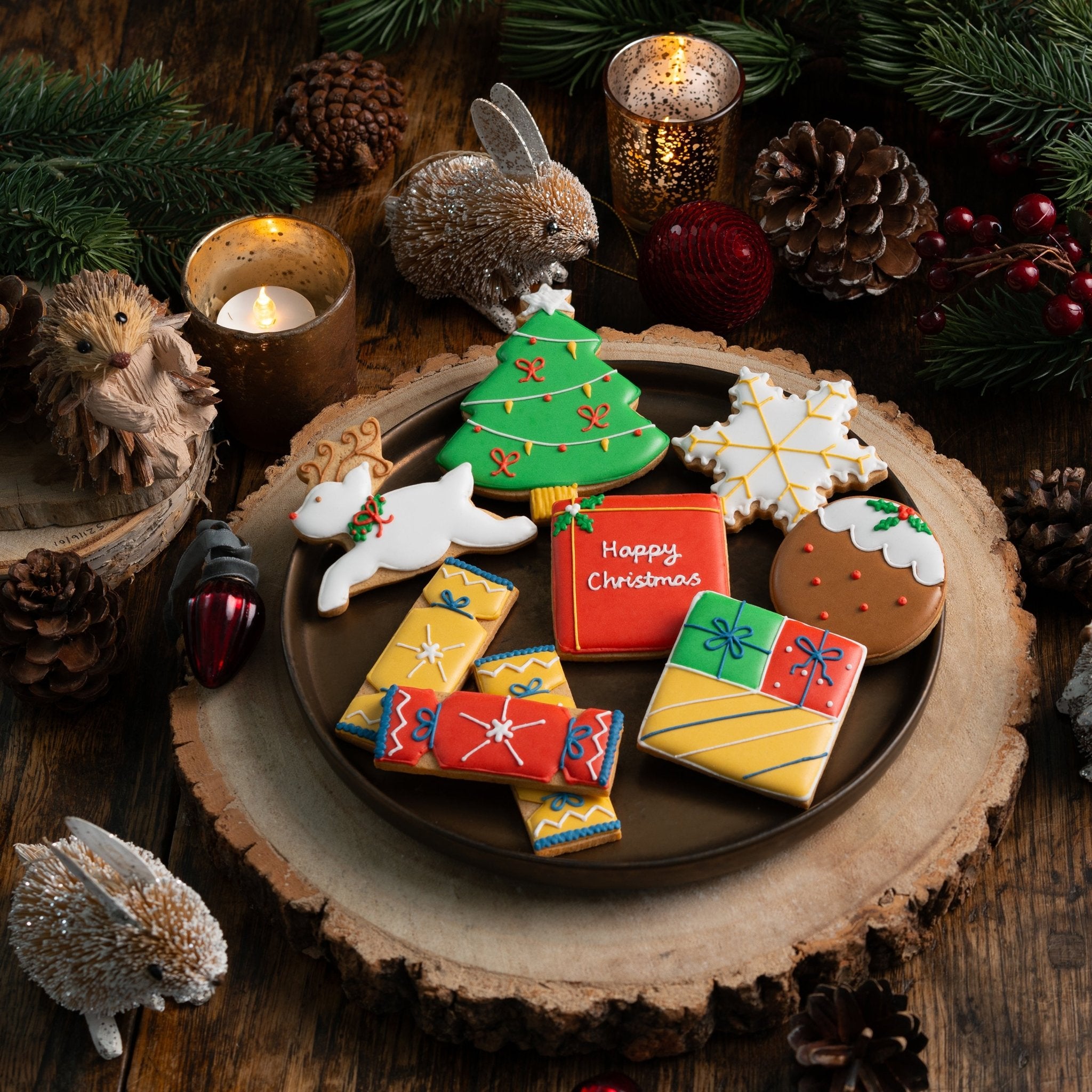 Biscuiteers Christmas biscuits: festive tree, reindeer, snowflakes. Perfect personalized gifts for the holiday season.