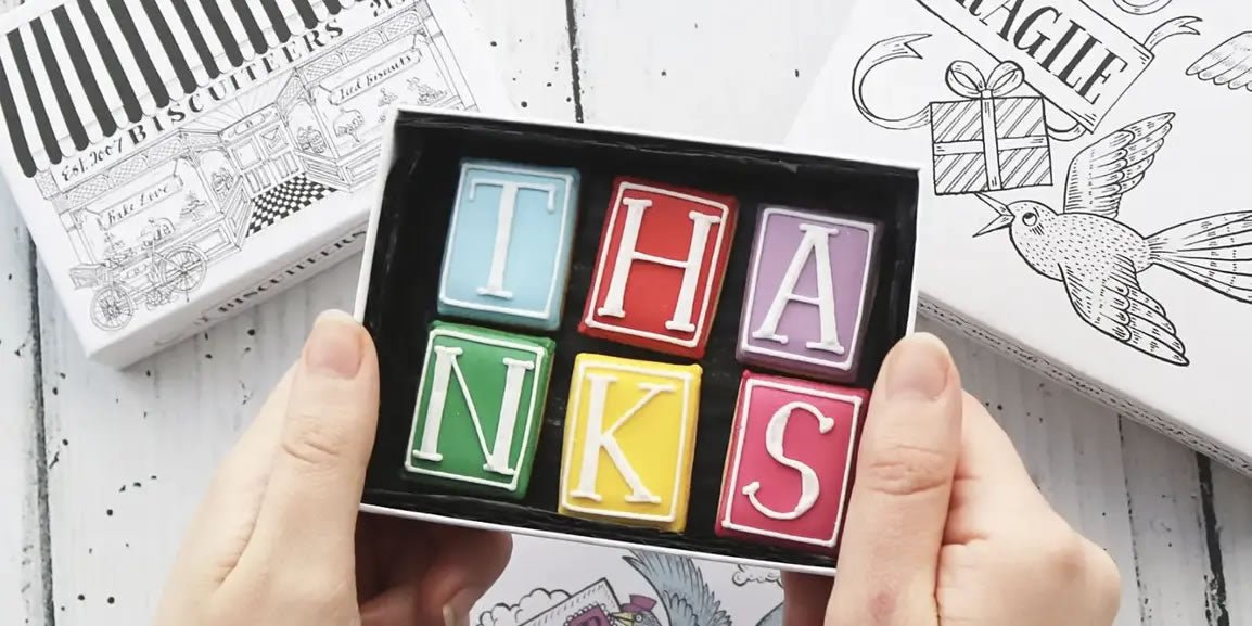 Biscuiteers thank you gift box with hand-iced biscuits, perfect for employee appreciation and personalised corporate gifting.