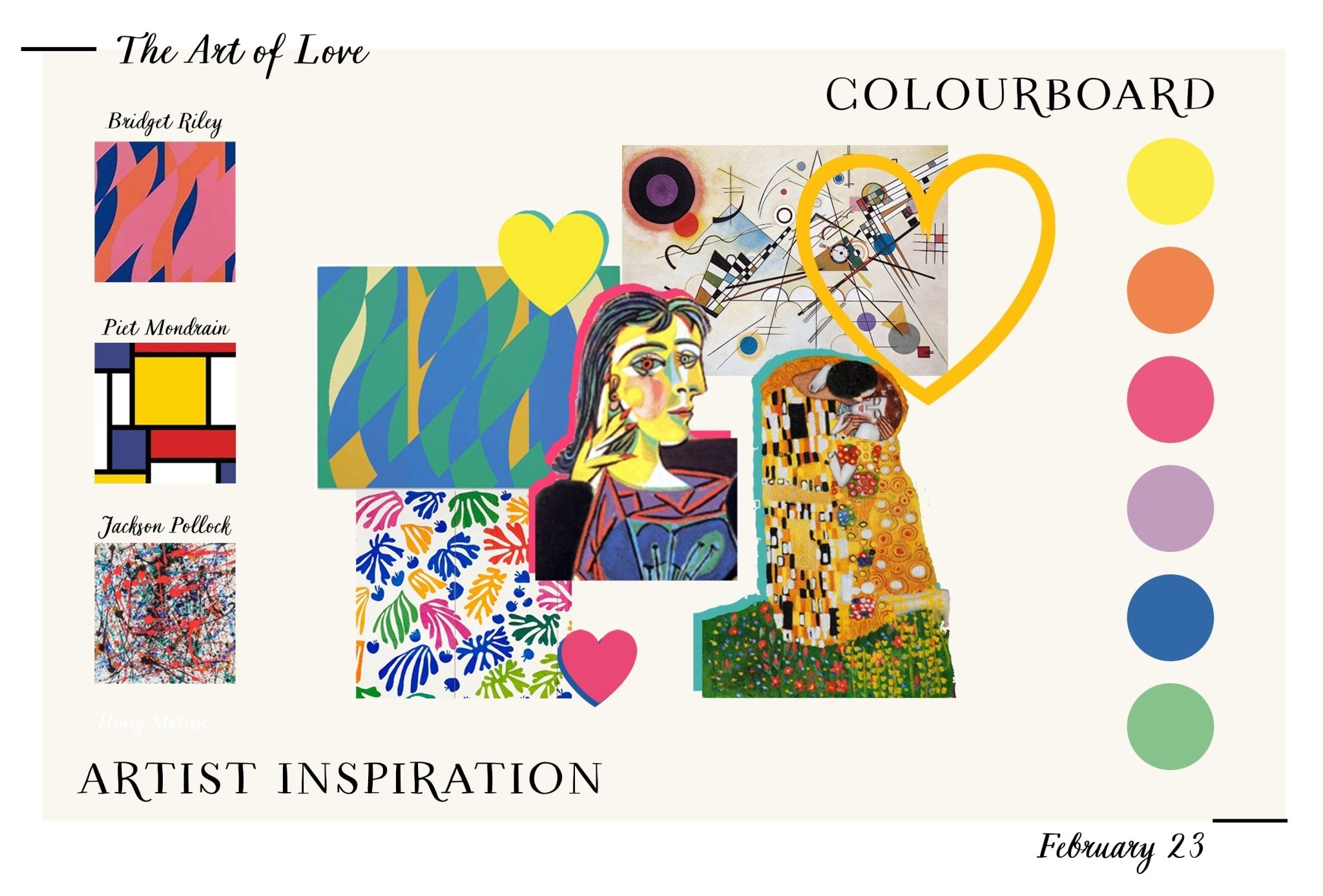 Valentine's Day Biscuiteers mood board with hand-iced biscuit designs inspired by famous artists, perfect for personalized gifts.