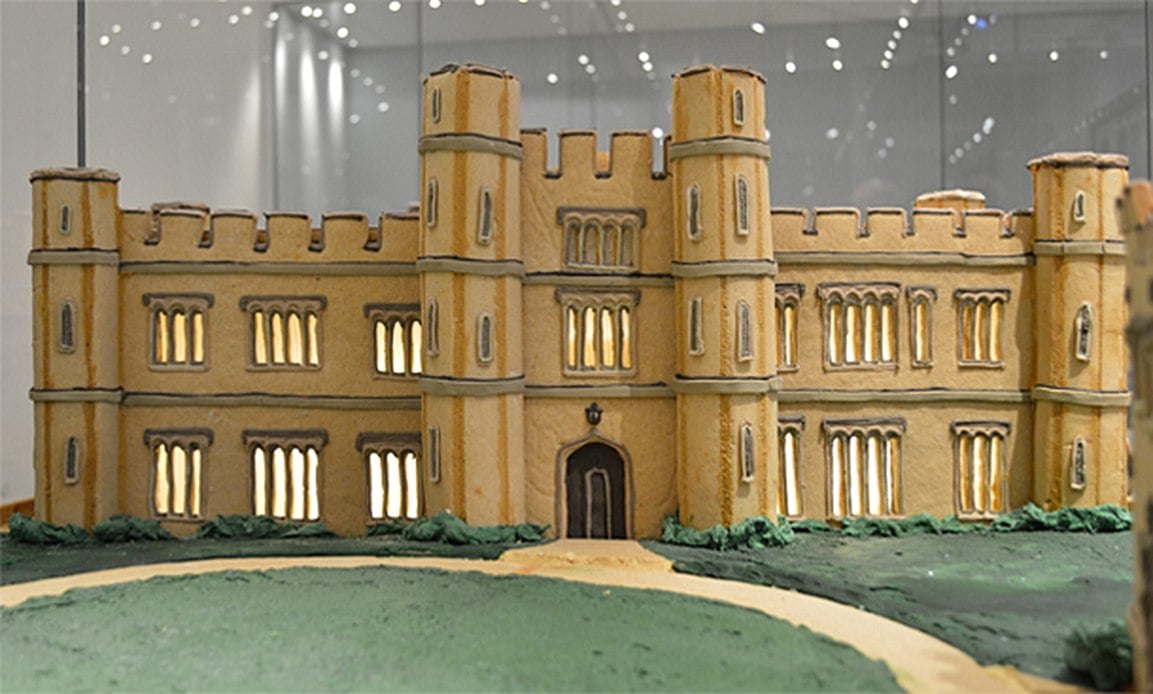 Hand-iced gingerbread Leeds Castle model by Biscuiteers, Christmas-themed, perfect for personalized festive gifts.