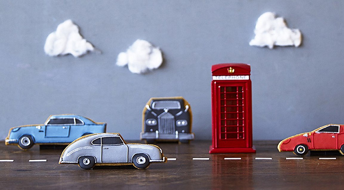 Hand-iced classic car biscuits for Father's Day by Biscuiteers, perfect personalized gift tutorial for car enthusiasts.