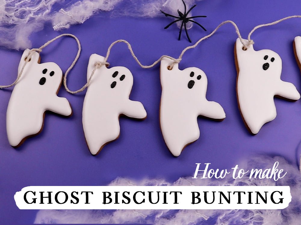 Halloween ghost biscuit bunting with vanilla recipe by Biscuiteers, perfect for spooky party decorations and personalized gifts.