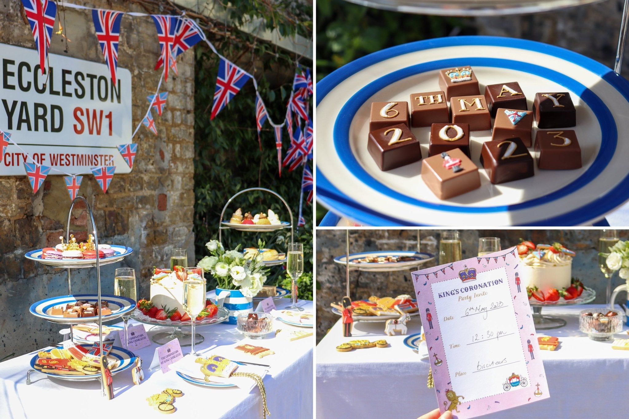 King's Coronation street party with hand-iced chocolates, Coronation invite; perfect for royal celebrations and Biscuiteers gifts.