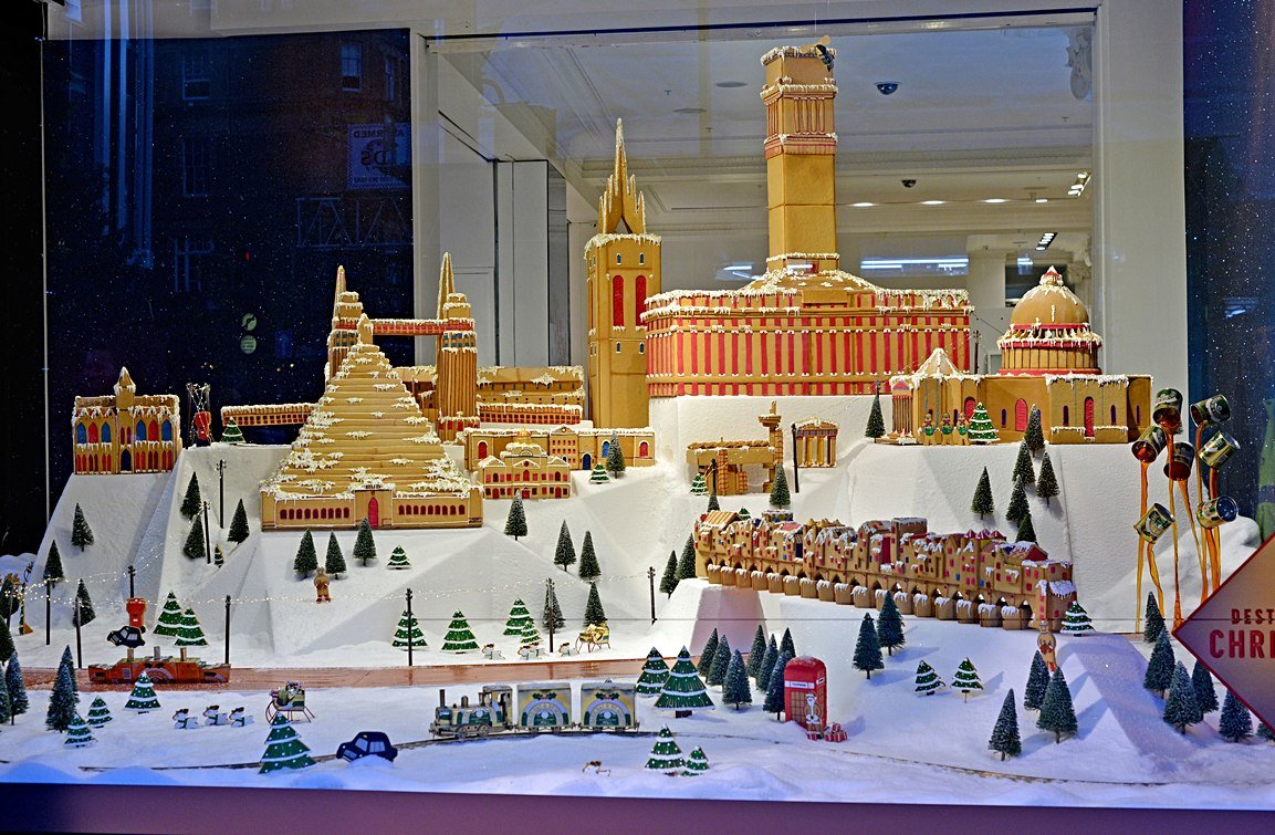 Gingerbread London architecture display at Selfridges by Biscuiteers, Bompas & Parr, featuring festive, intricate details.