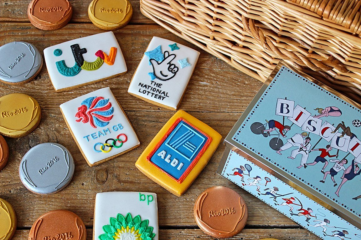 Biscuiteers bespoke thank you biscuits for British Olympic Association, featuring Rio 2016 logos and metallic medal designs.