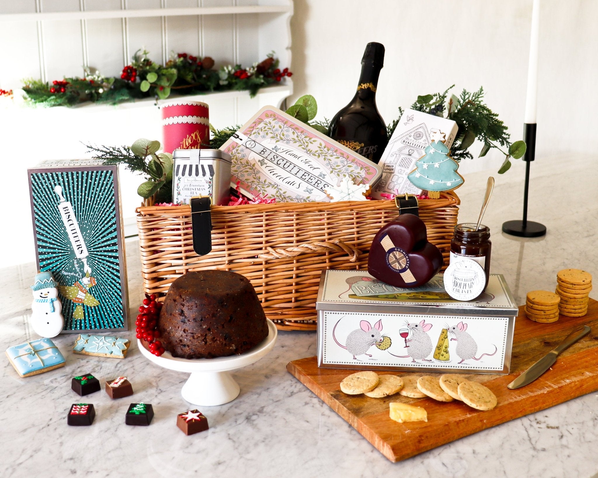 Luxurious Biscuiteers Christmas hamper with festive treats, perfect for personalized holiday gifting and seasonal celebrations.