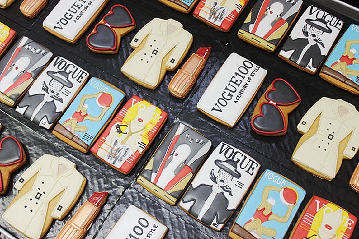 Biscuiteers Vogue 100 biscuits, inspired by iconic covers and British fashion, showcased at National Portrait Gallery, autumn 2015.