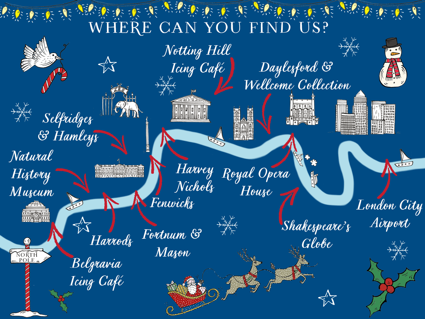 Map of London showcasing Biscuiteers Christmas biscuit locations, including Harrods, Selfridges, and Natural History Museum.