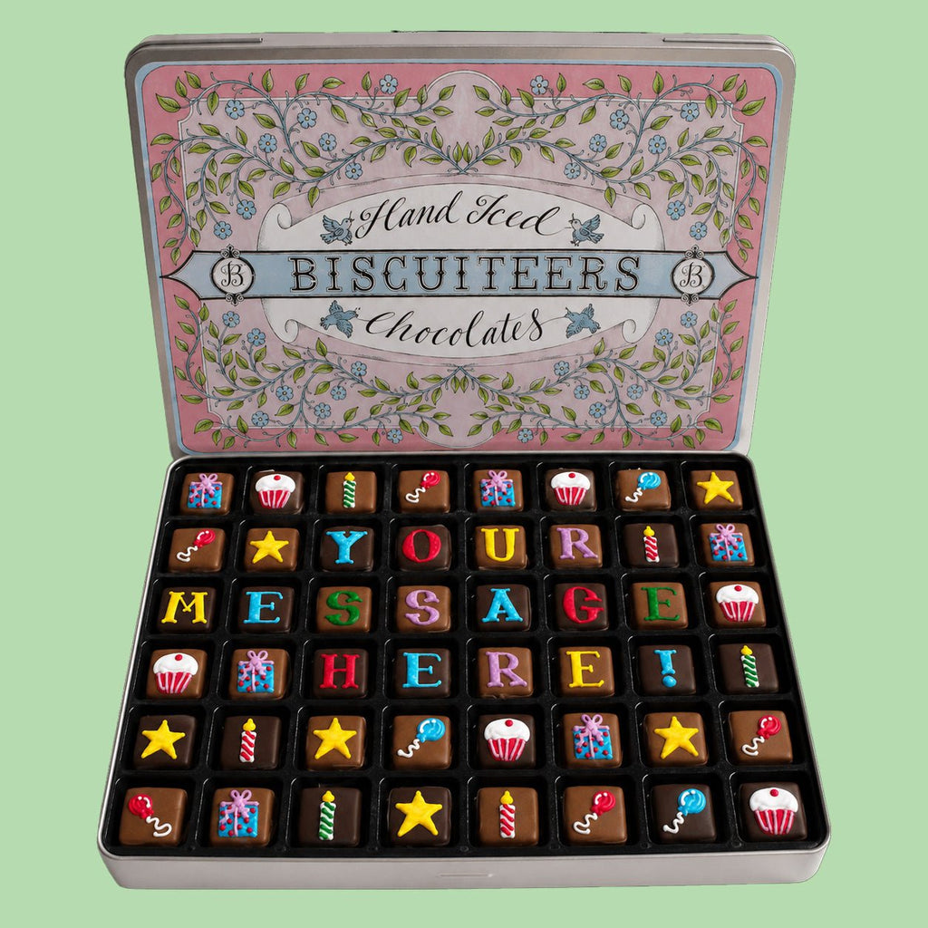 Giant Tin Personalised Happy Birthday Chocolates - Biscuiteers