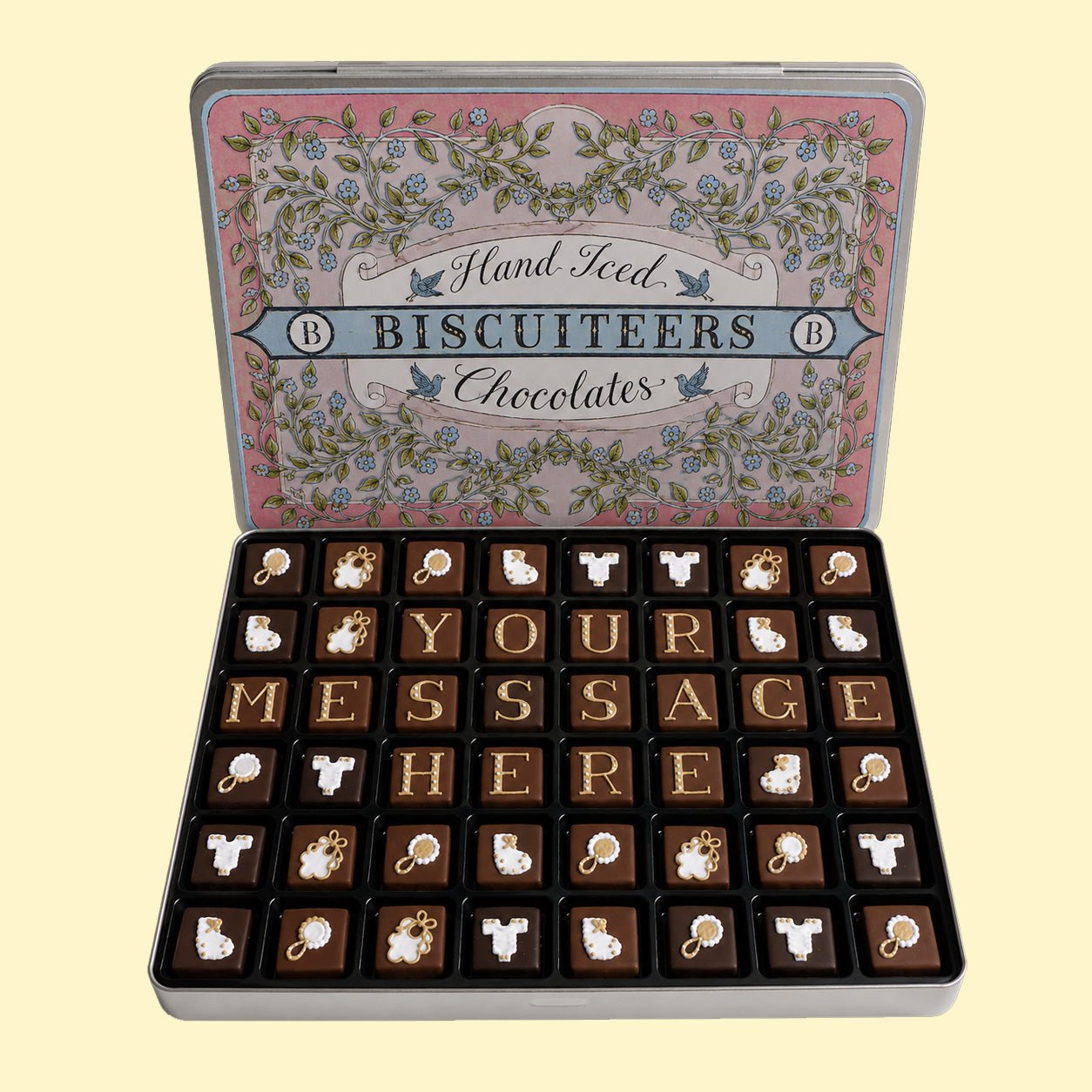 Giant Tin Personalised New Baby Chocolates - Biscuiteers