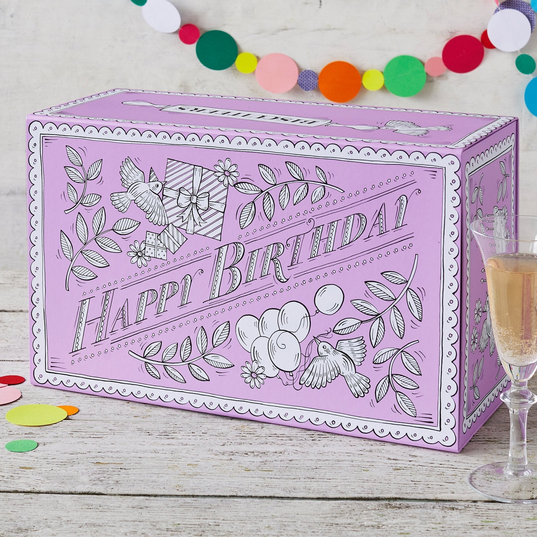 Happy Birthday Gift Box with Confetti and Banners - Biscuiteers