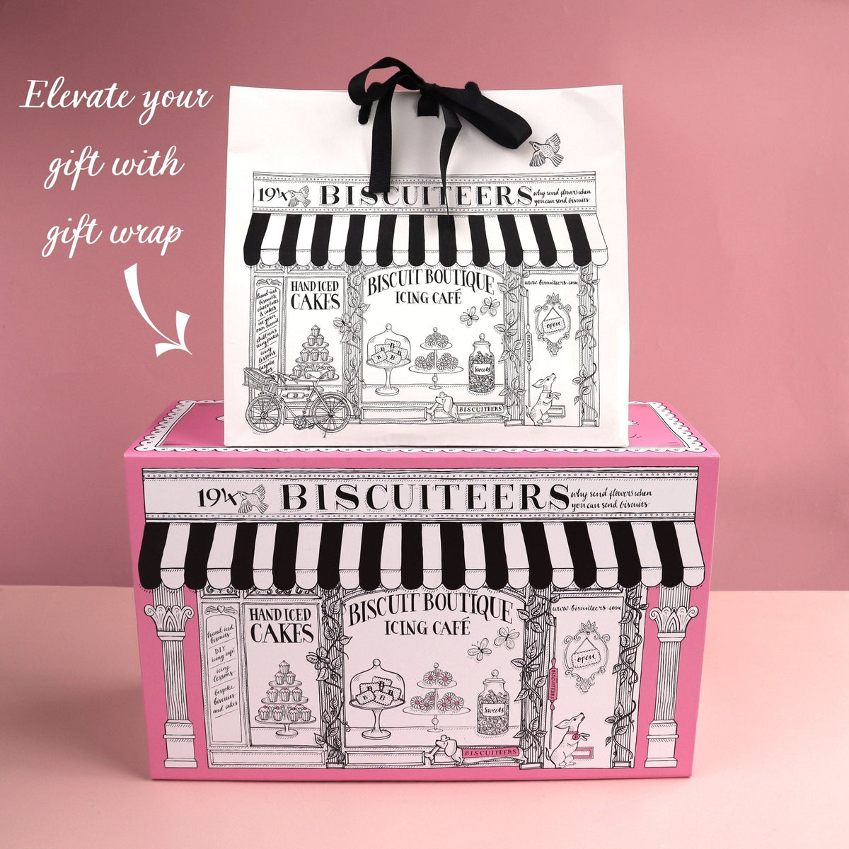 Biscuiteers gift wrap including gift box and gift bag.